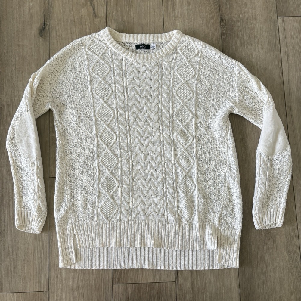 BDG Urban Outfitters Cable Knit Sweater Elbow Patches Women's Medium Ivory Y2K